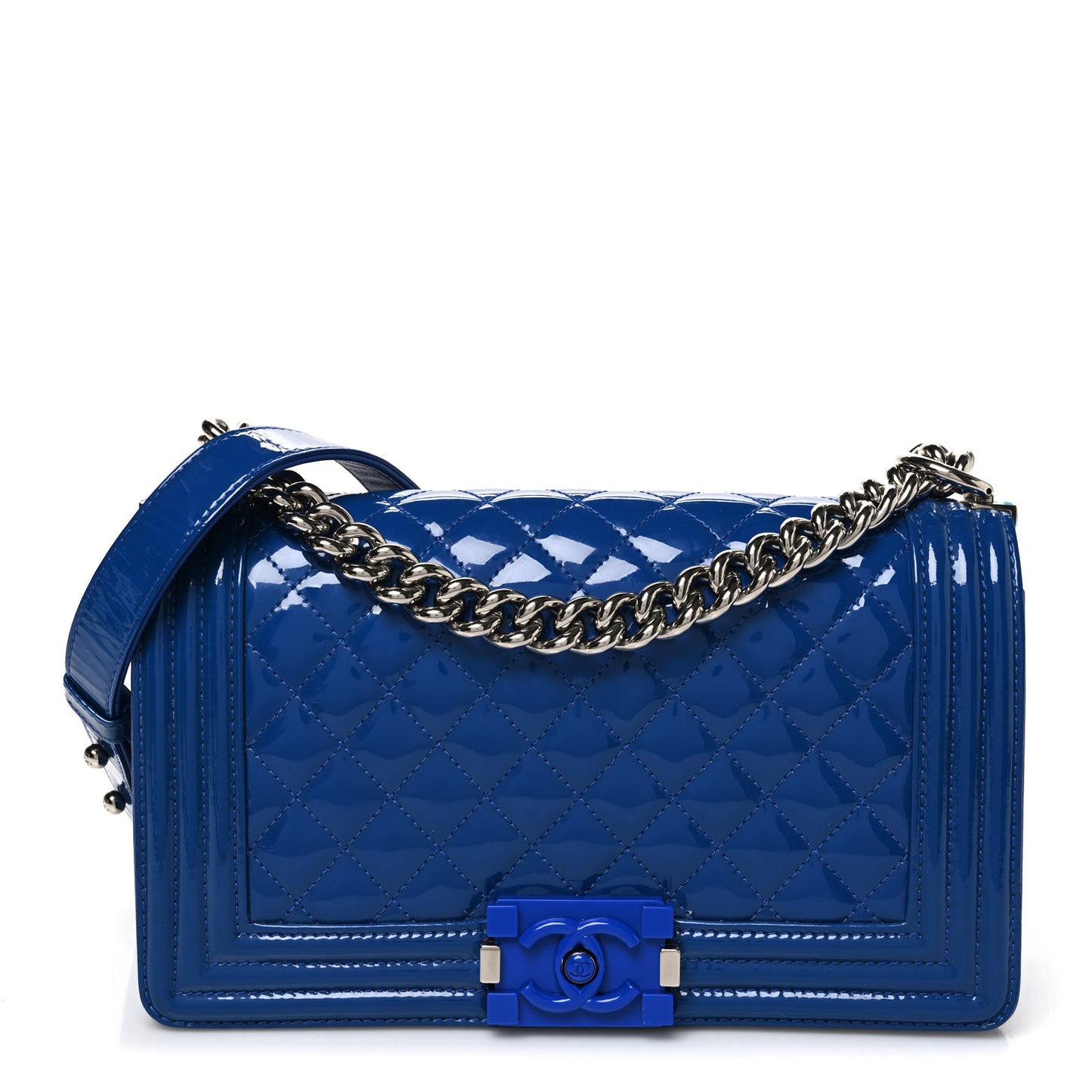 Patent Calfskin Quilted Medium Plexiglass Boy Flap Blue