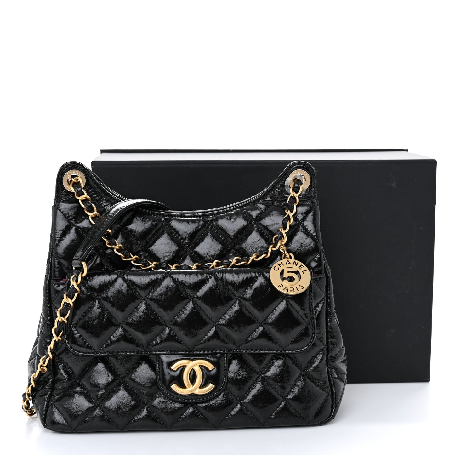 Shiny Crumpled Calfskin Quilted Wavy CC Hobo Black