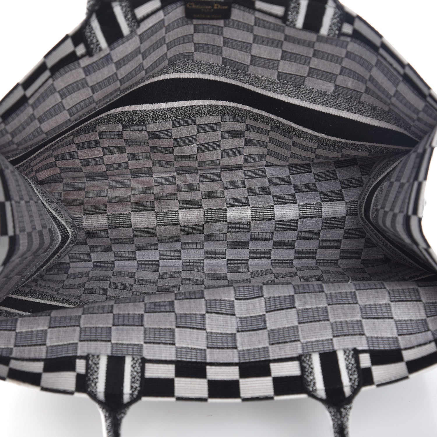Christian Dior Canvas Embroidered Checkered Book Tote Black White 7 of 11