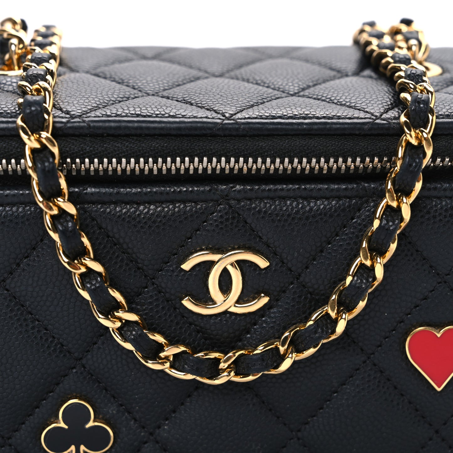 Caviar Quilted Enamel Coco Casino Small Vanity Case With Chain Black