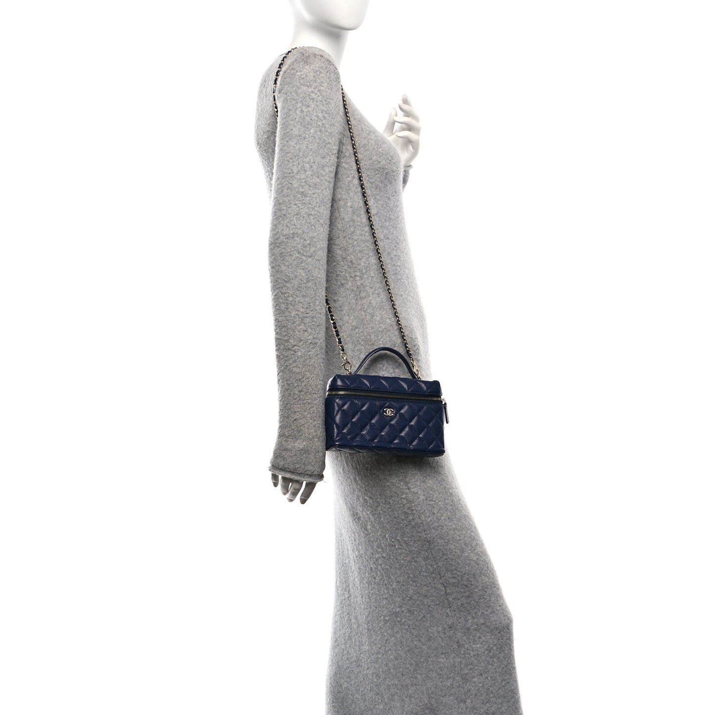 Caviar Quilted Top Handle Slim Vanity With Chain Navy