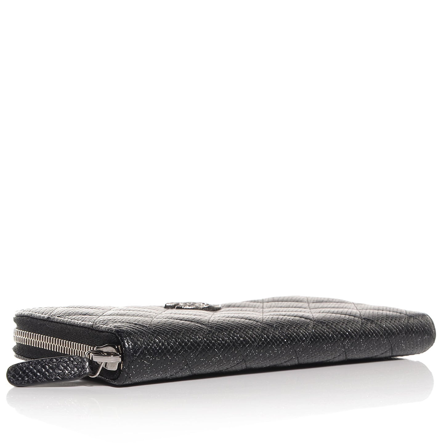 Glittered Calfskin Quilted Large Gusset Zip Wallet Black