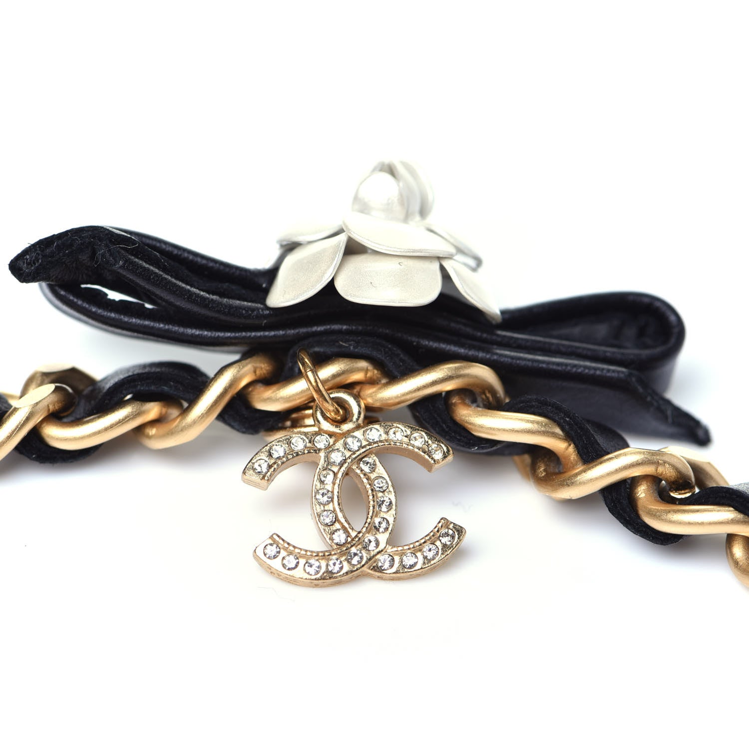 Chanel Calfskin Crystal Chain Camellia Belt 85 Black Gold 4 of 8