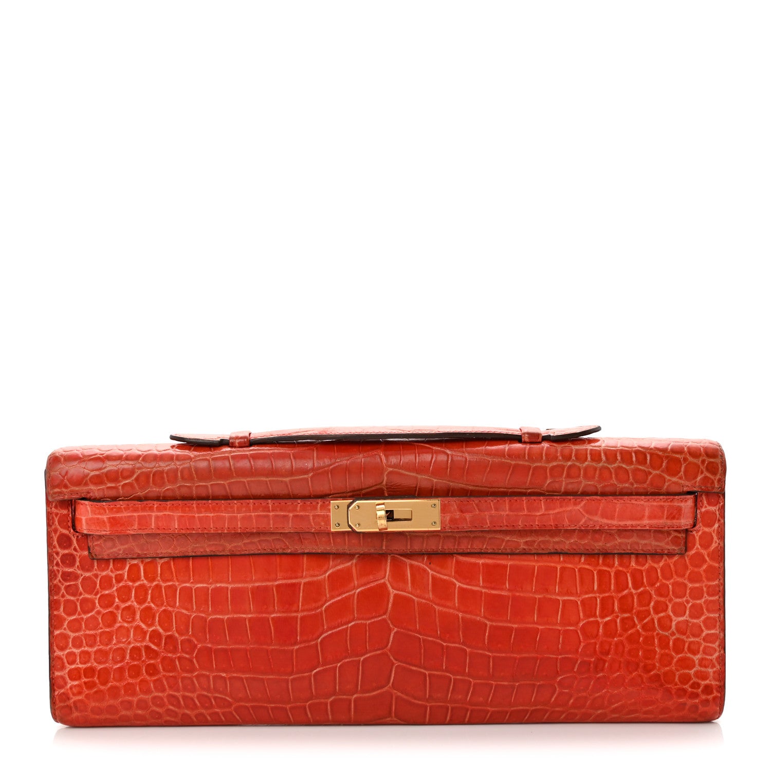 Hermes Shiny Porosus Crocodile Kelly Cut Pochette Orange Poppy 1 of 15