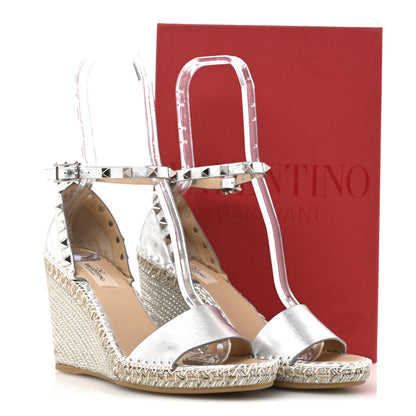 Valentino Garavani Metallic Grained Calfskin Rockstud Crisscross Ankle Strap Espadrille Wedge Sandals 39 Silver 11 of 11