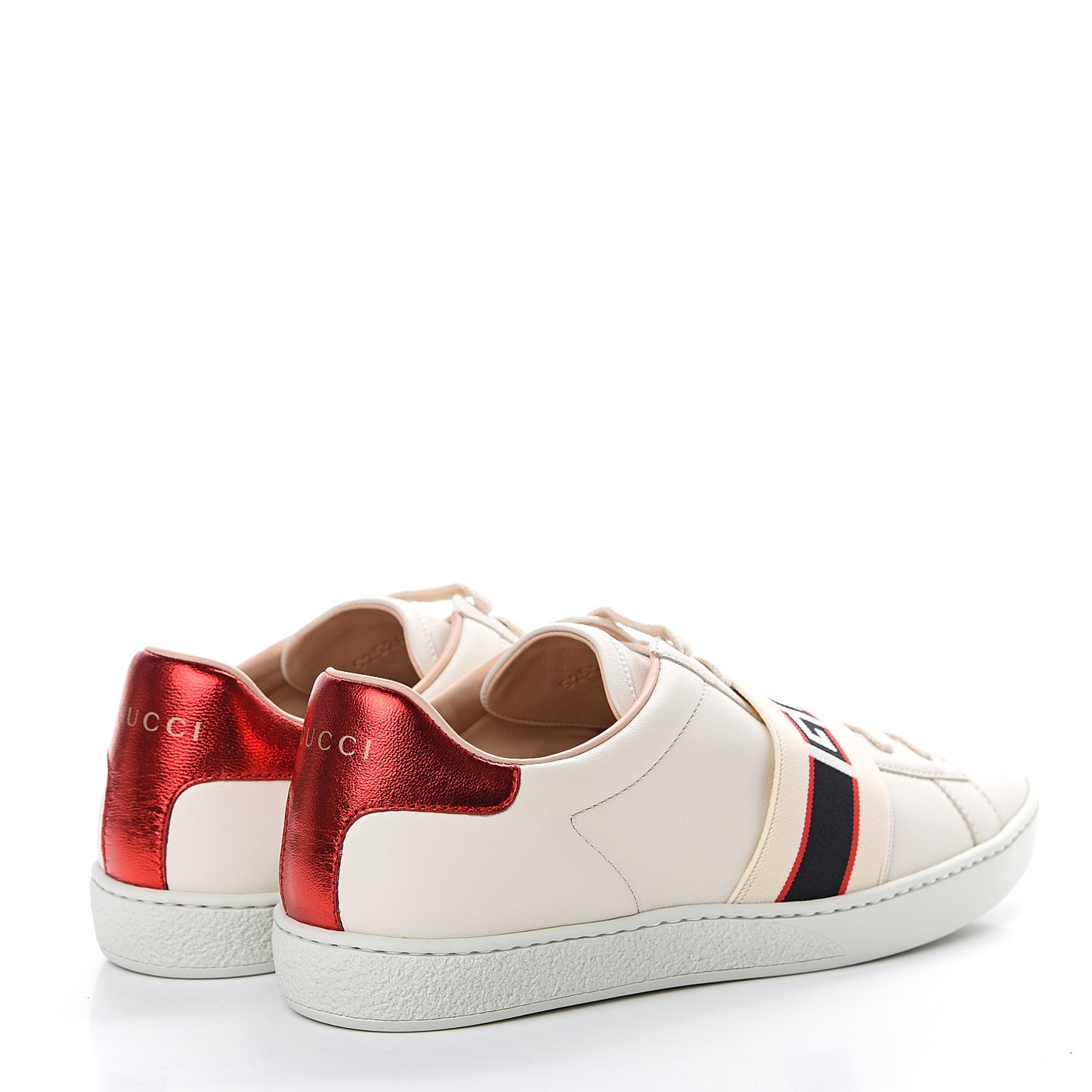 Calfskin Stripe Womens New Ace Sneakers 37.5 New Mystic White Ecru Red Flame