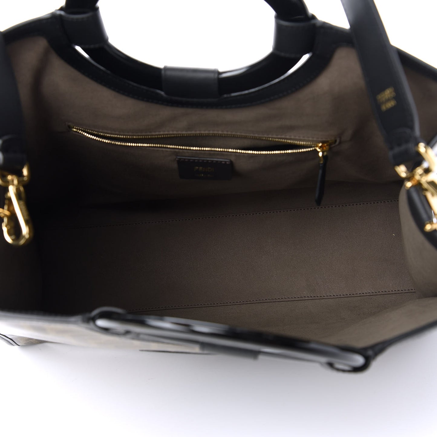 Glazed Fabric Vitello Century Plexiglass FF 1974 Stamp Patch Medium Runaway Shopper Tote Mogano Panna Black