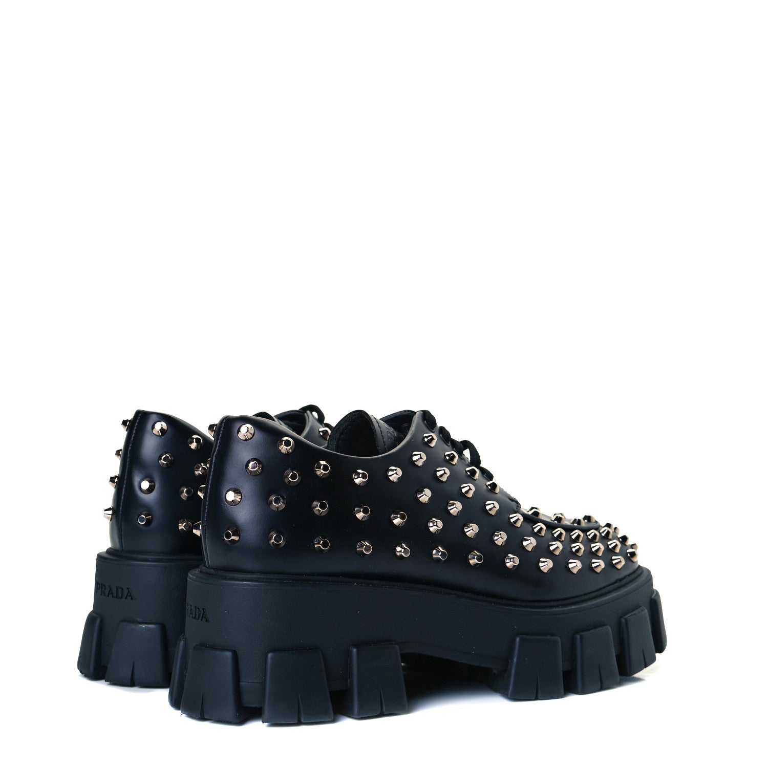 Prada Spazzolato Rois Studded Lace Up Monolith 55mm Derby Loafers 39 Black 4 of 9