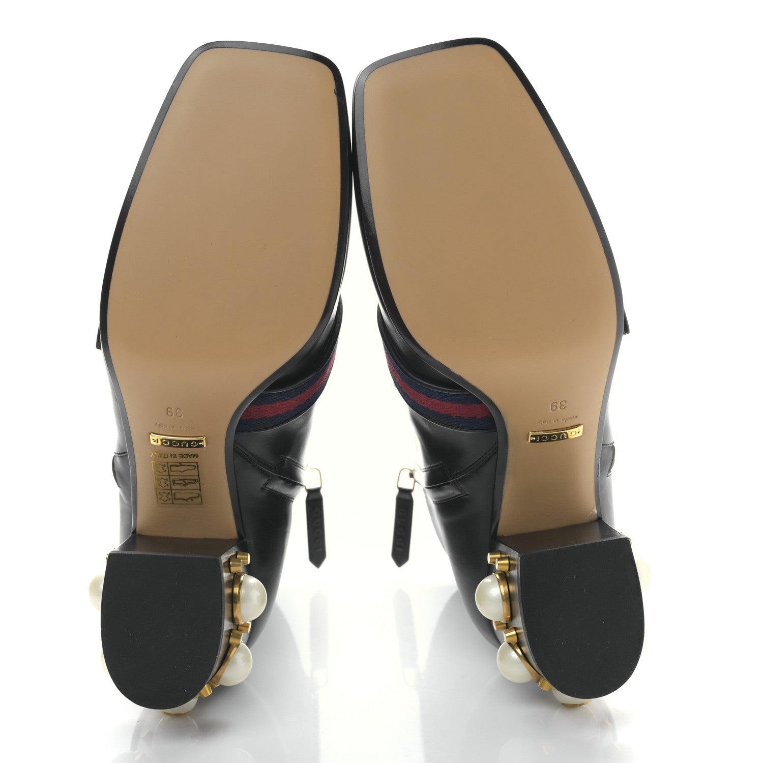 Gucci Betis Glamour Calfskin Web Pearl Embellished Peyton 75mm Ankle Boots 39 Black 5 of 8