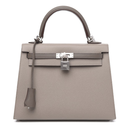 Hermes Epsom Bi-Color Horseshoe Kelly Sellier 25 Gris Mouette Etain 1 of 10