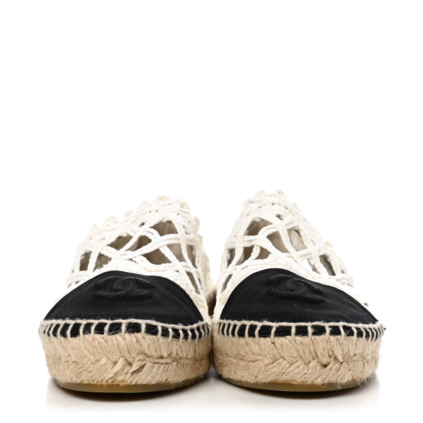 Woven Fabric Grosgrain CC Espadrilles 37 White Black