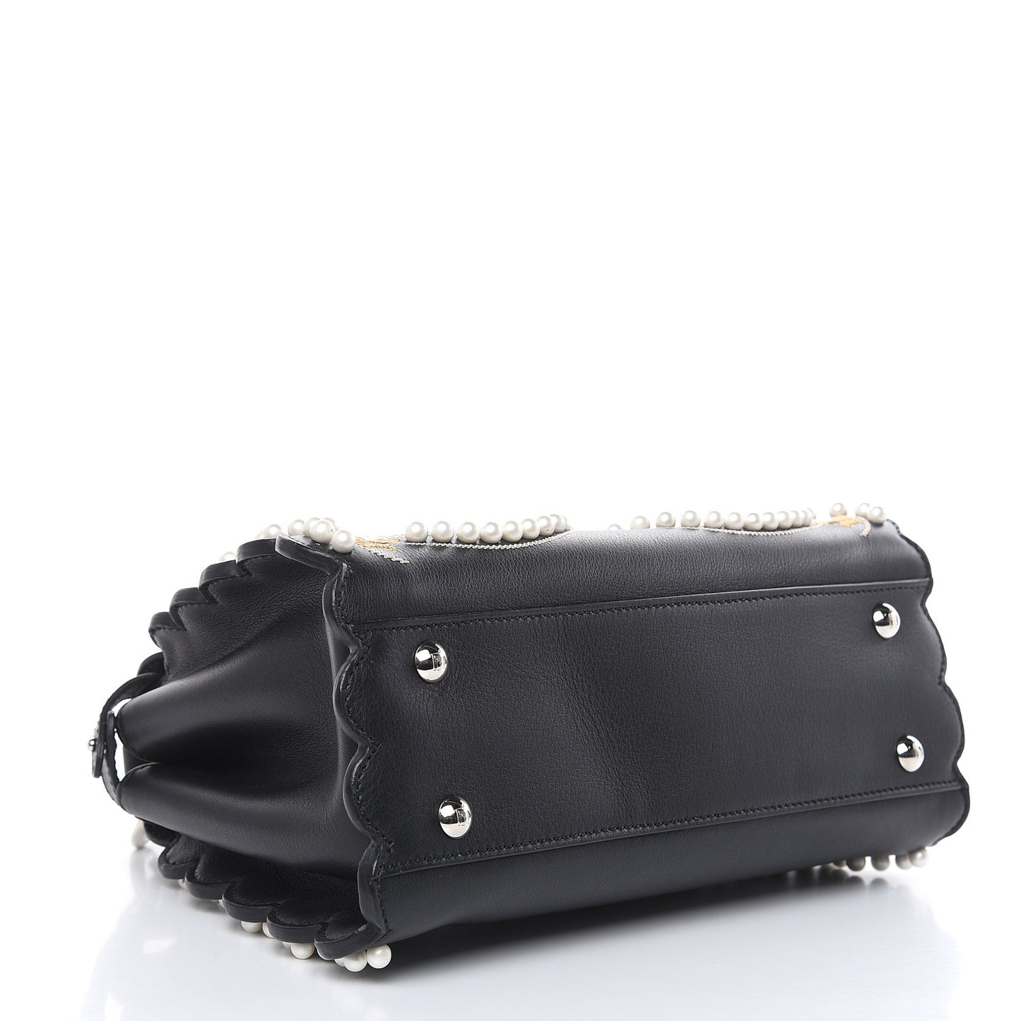 Calfskin Flowers and Bows Scalloped Mini Peekaboo Iconic Satchel Black Camelia