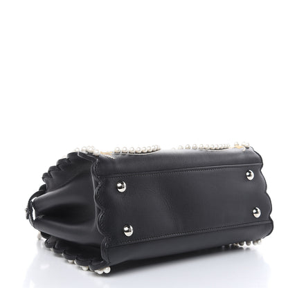 Fendi Calfskin Flowers and Bows Scalloped Mini Peekaboo Iconic Satchel Black Camelia 4 of 10