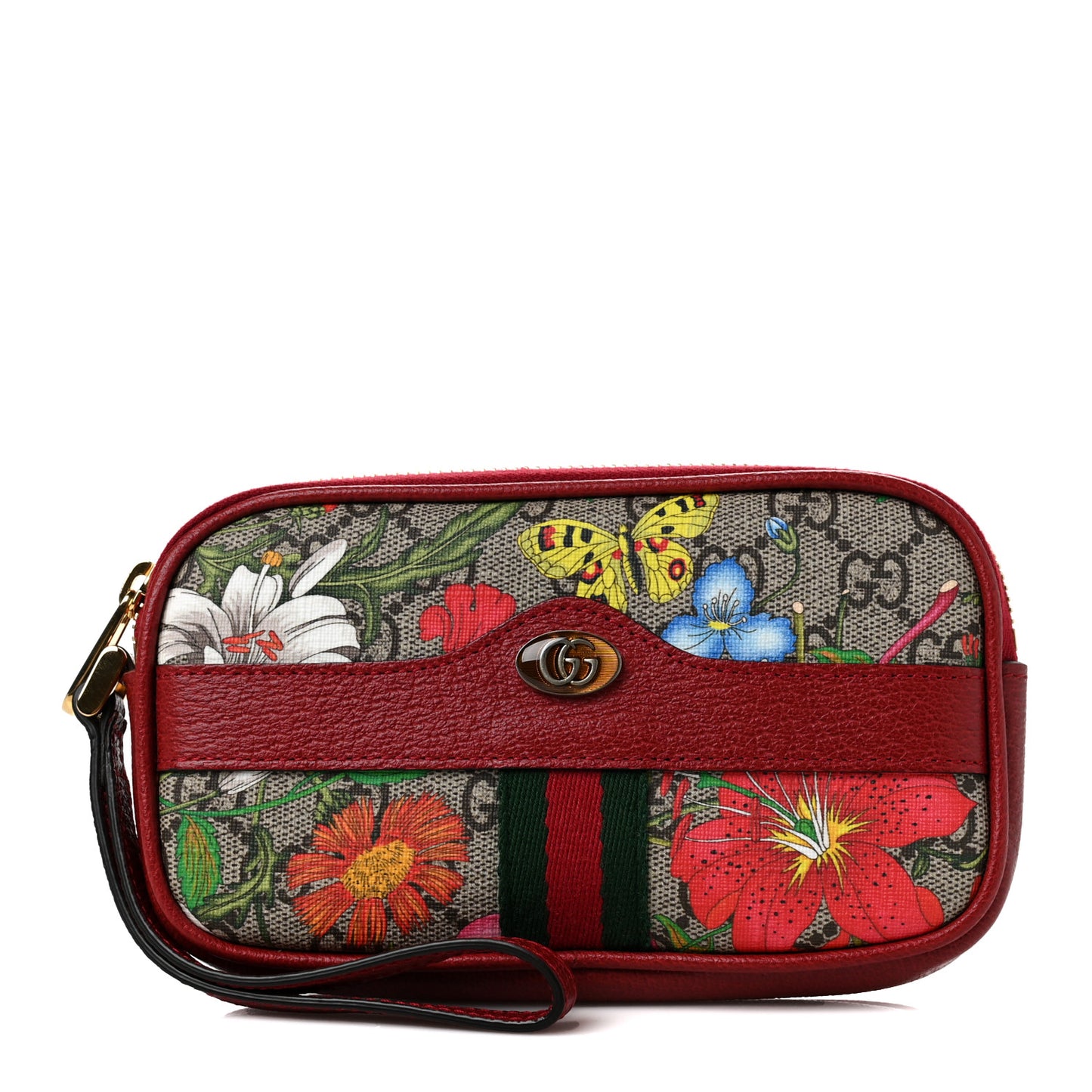 GG Supreme Monogram Flora Web Ophidia Wristlet Bag Red