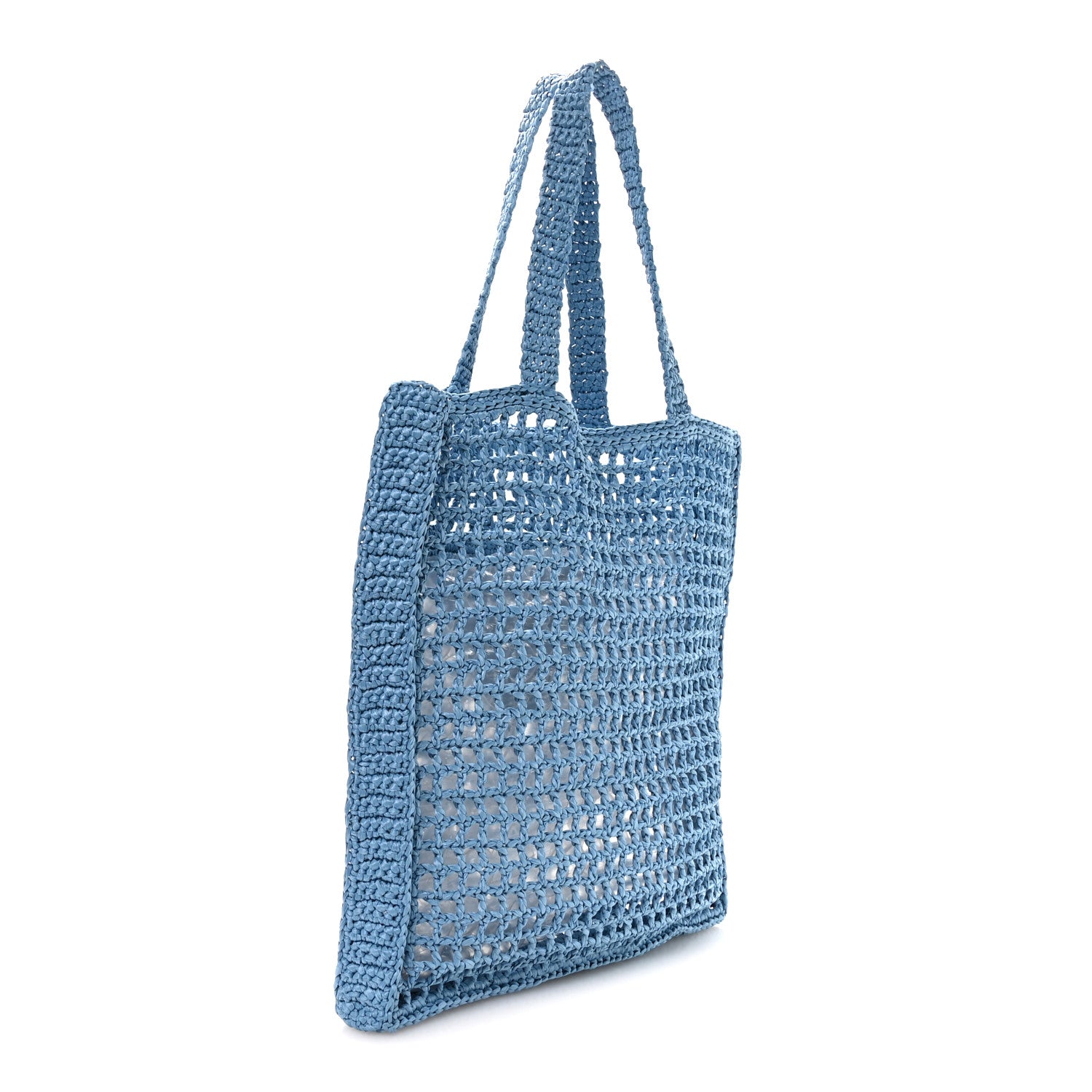 Prada Yarn Raffia Effect Crochet Logo Embroidered Tote Bag Celeste 3 of 9