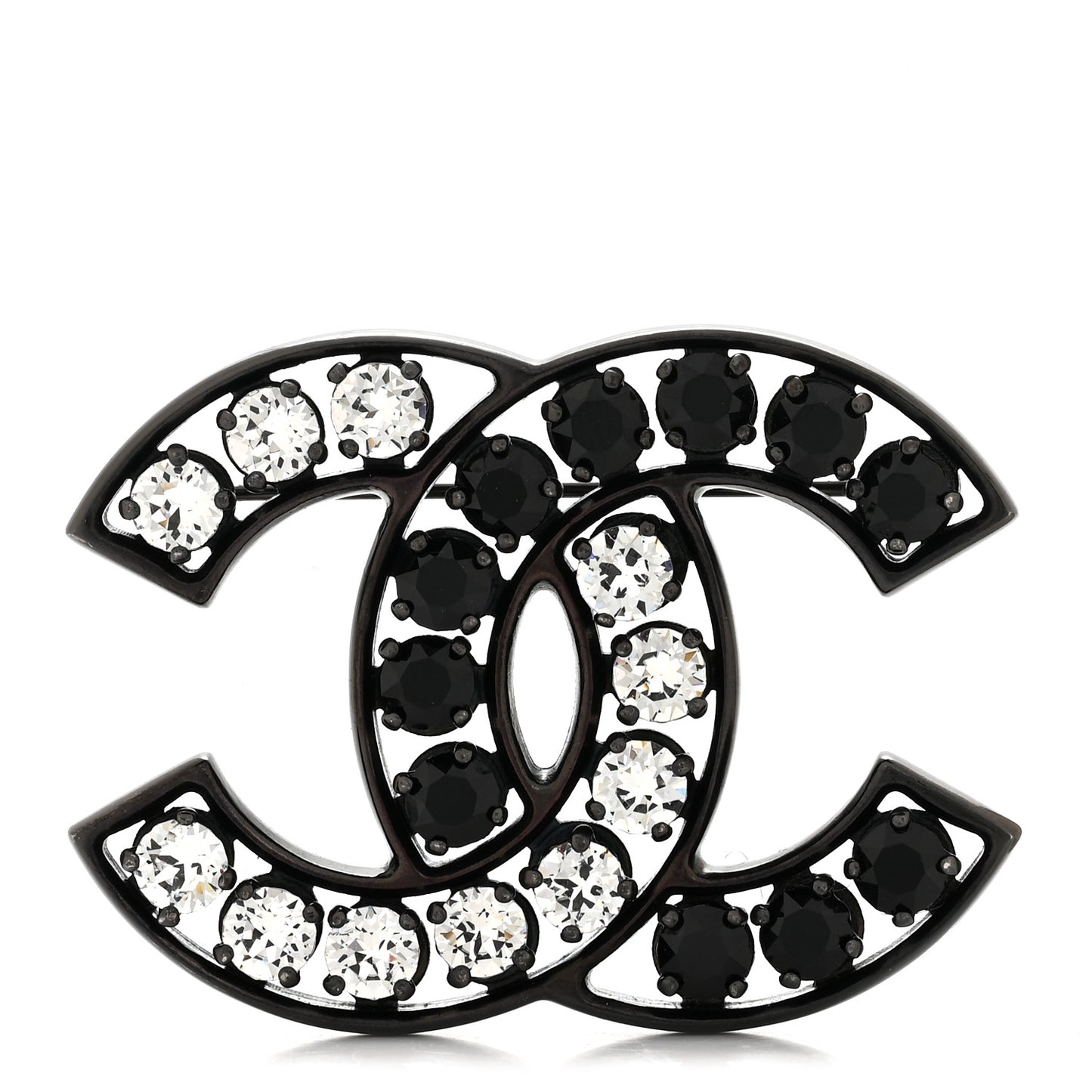 Metal Crystal CC Brooch Silver Black