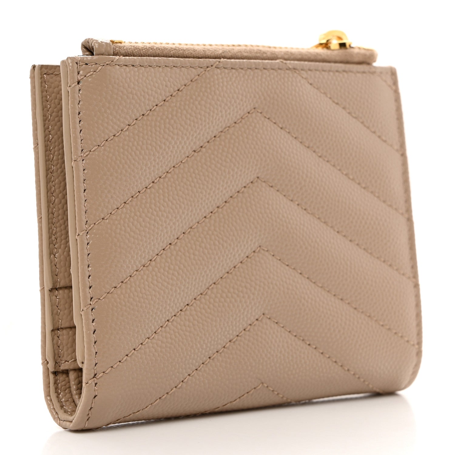 Saint Laurent SAINT LAURENT Grain De Poudre Matelasse Chevron Monogram Zipped Card Case Dark Beige 3 of 8