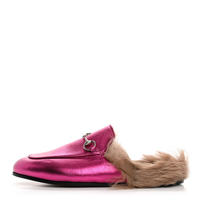 Gucci Metallic Nappa Fur Womens Princetown Slippers 38 Fuxia 1 of 8
