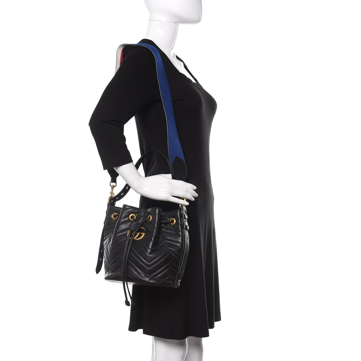 Gucci Calfskin Matelasse Sylvie Web GG Marmont Bucket Bag Black 2 of 11