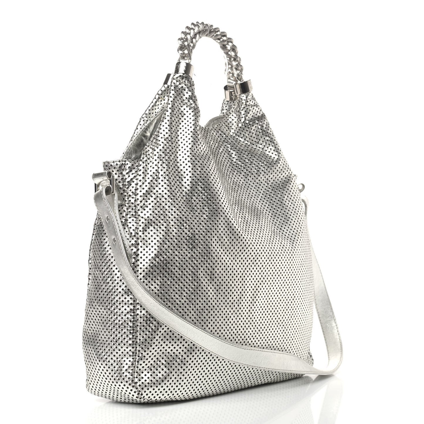 Metallic Glazed Calfskin Perforated Medium Rodeo Drive Tote Silver