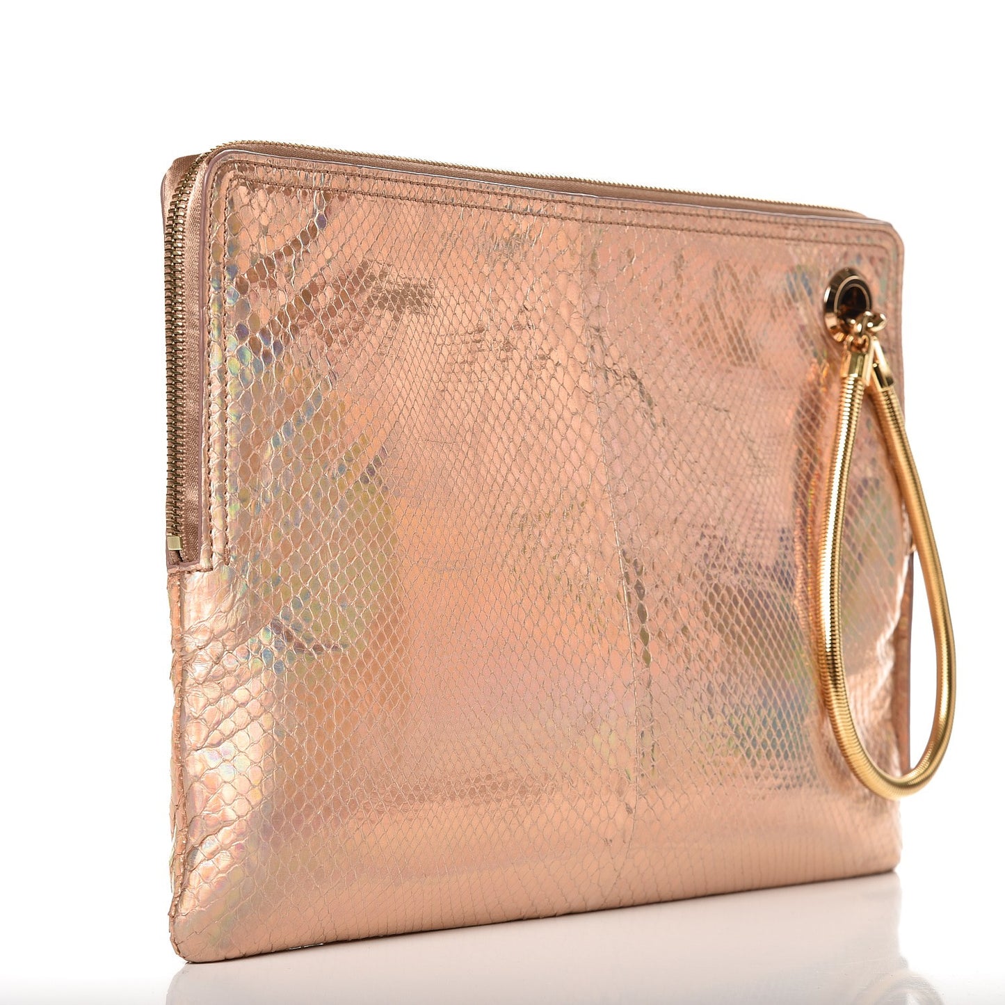 Laminated Holographic Python Zipped Clutch Rose