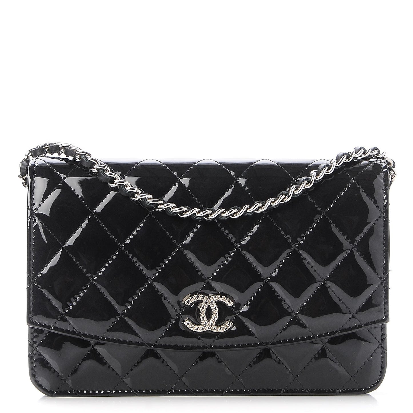 Patent Quilted Brilliant Wallet On Chain WOC Black