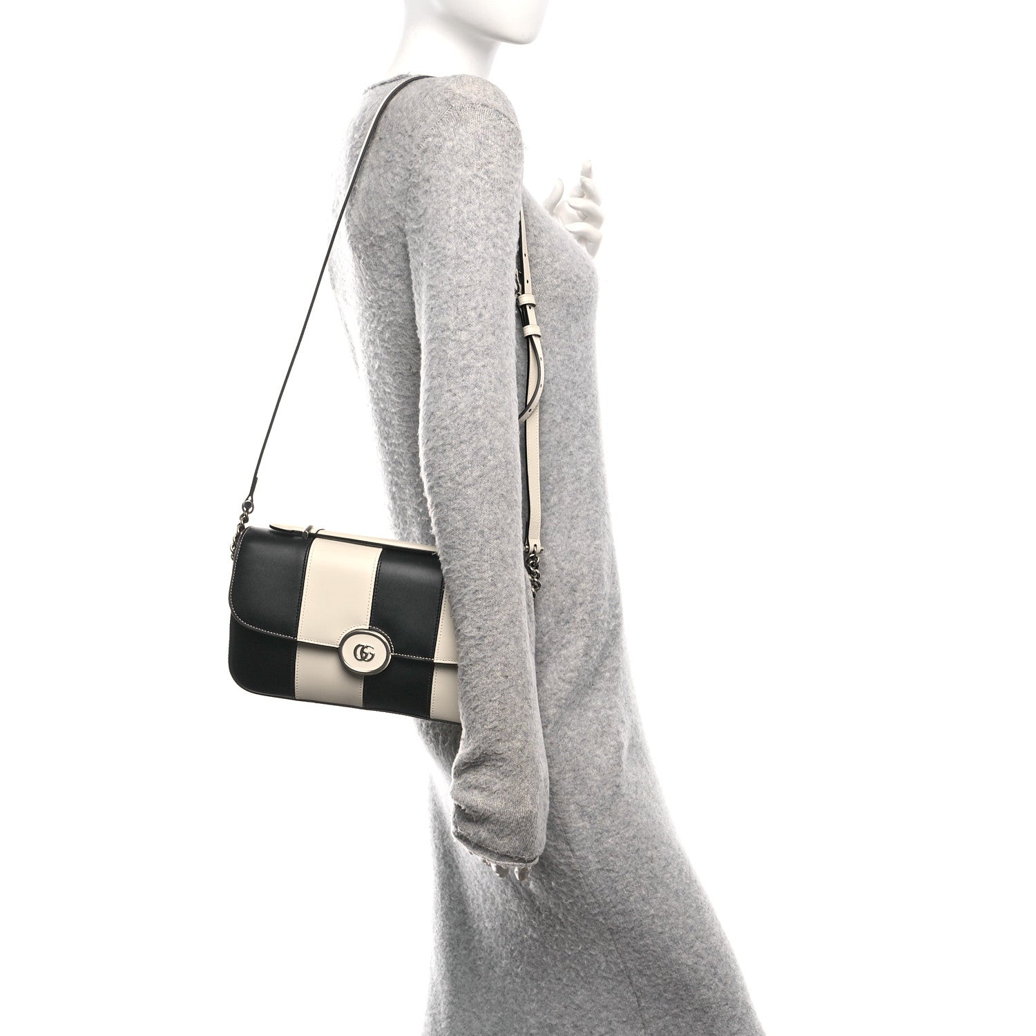 Gucci Senna Calfskin Lines Petite GG Top Handle Shoulder Bag Black Mystic White 2 of 10