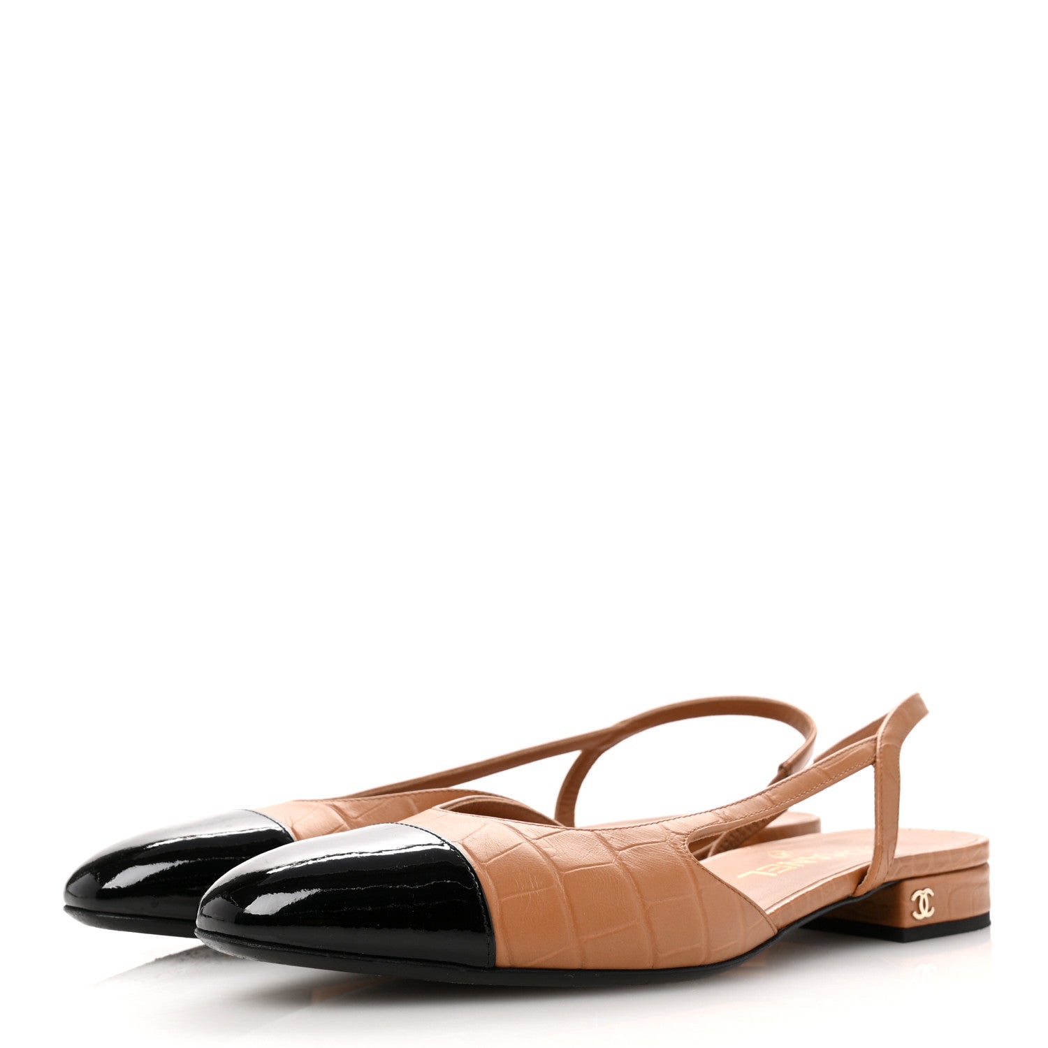 Chanel Calfskin Crocodile Embossed Patent Cap Toe CC Slingback Flats 39 Light Brown Black 4 of 12