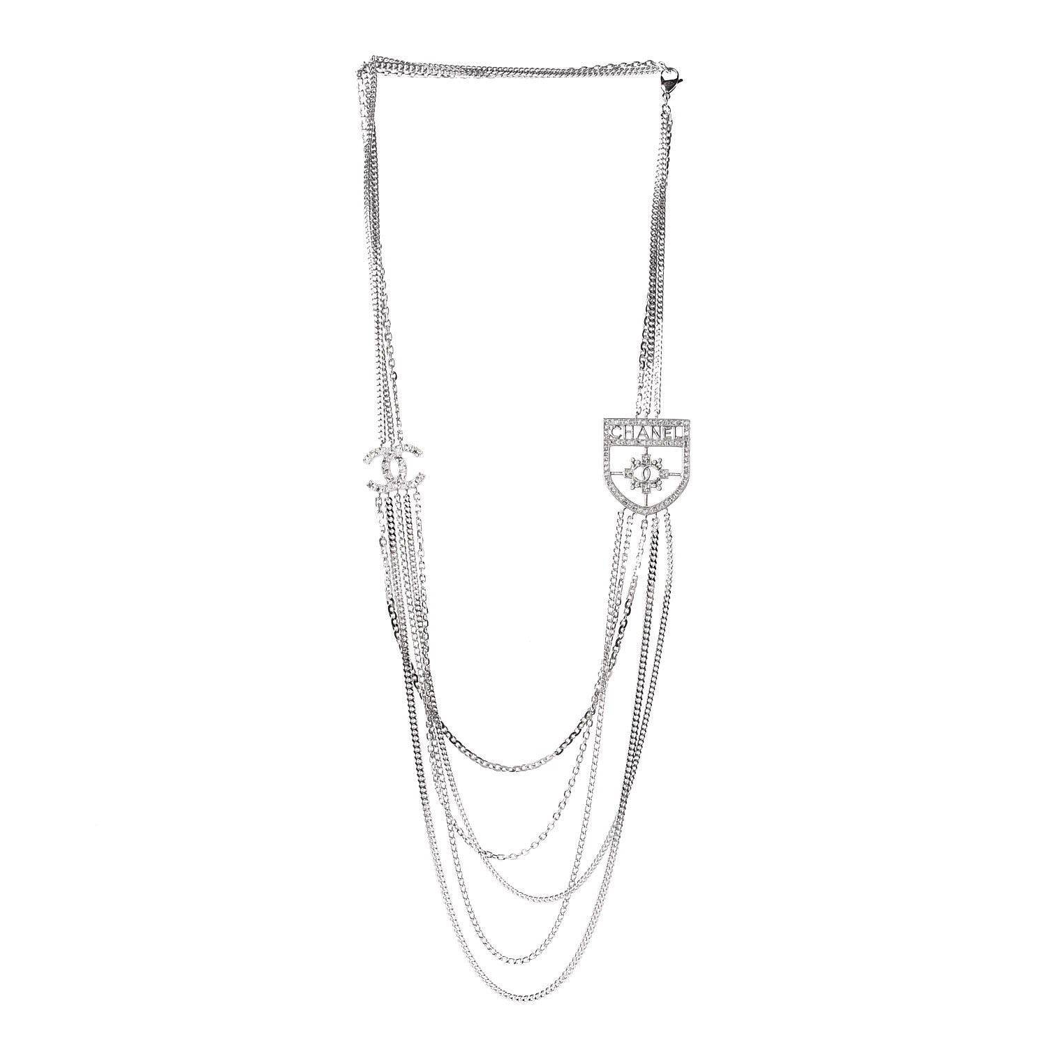 Chanel Baguette Crystal CC Shield Multi Strand Long Chain Necklace Silver 3 of 4