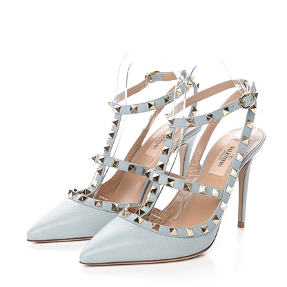 Valentino Garavani Pebbled Calfskin Rockstud Ankle Strap 100mm Pumps 38.5 Sky Sorbet 3 of 7
