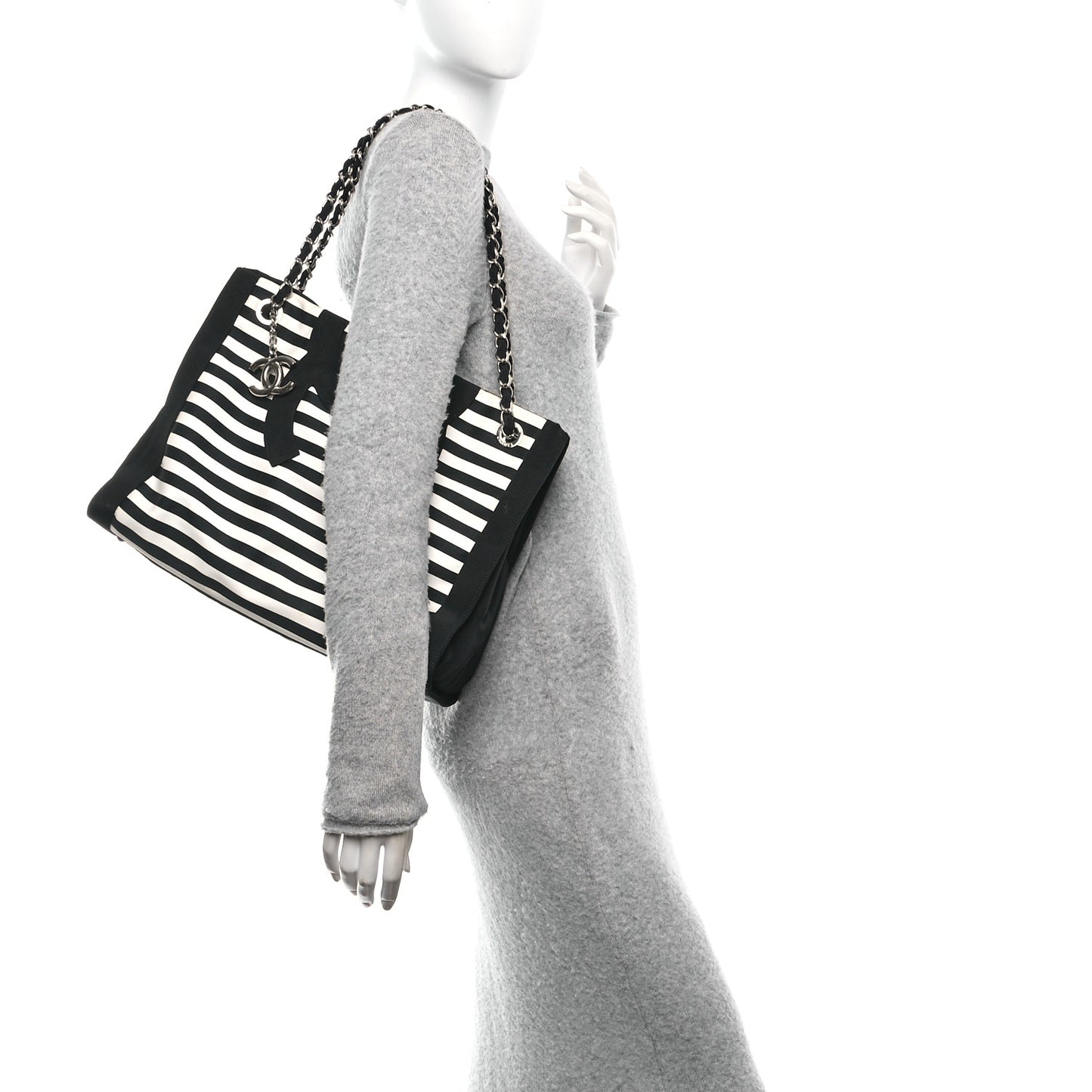 Canvas Grosgrain Striped CC Shopping Tote Black White