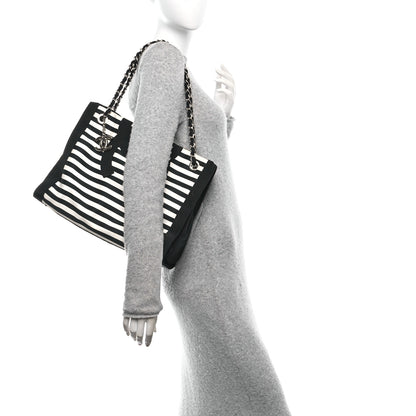 Chanel Canvas Grosgrain Striped CC Shopping Tote Black White 2 of 10