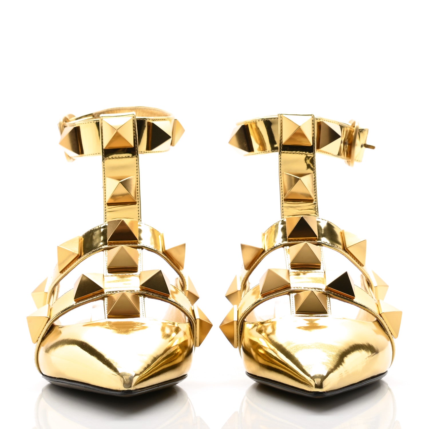 Valentino Garavani Metallic Patent Roman Stud Ankle Strap Flat Mules 37.5 Antique Brass 2 of 9