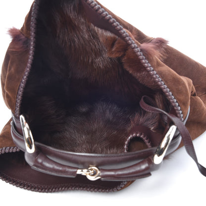 Gucci Suede Fur Large Horsebit Chain Hobo Dark Brown 6 of 8