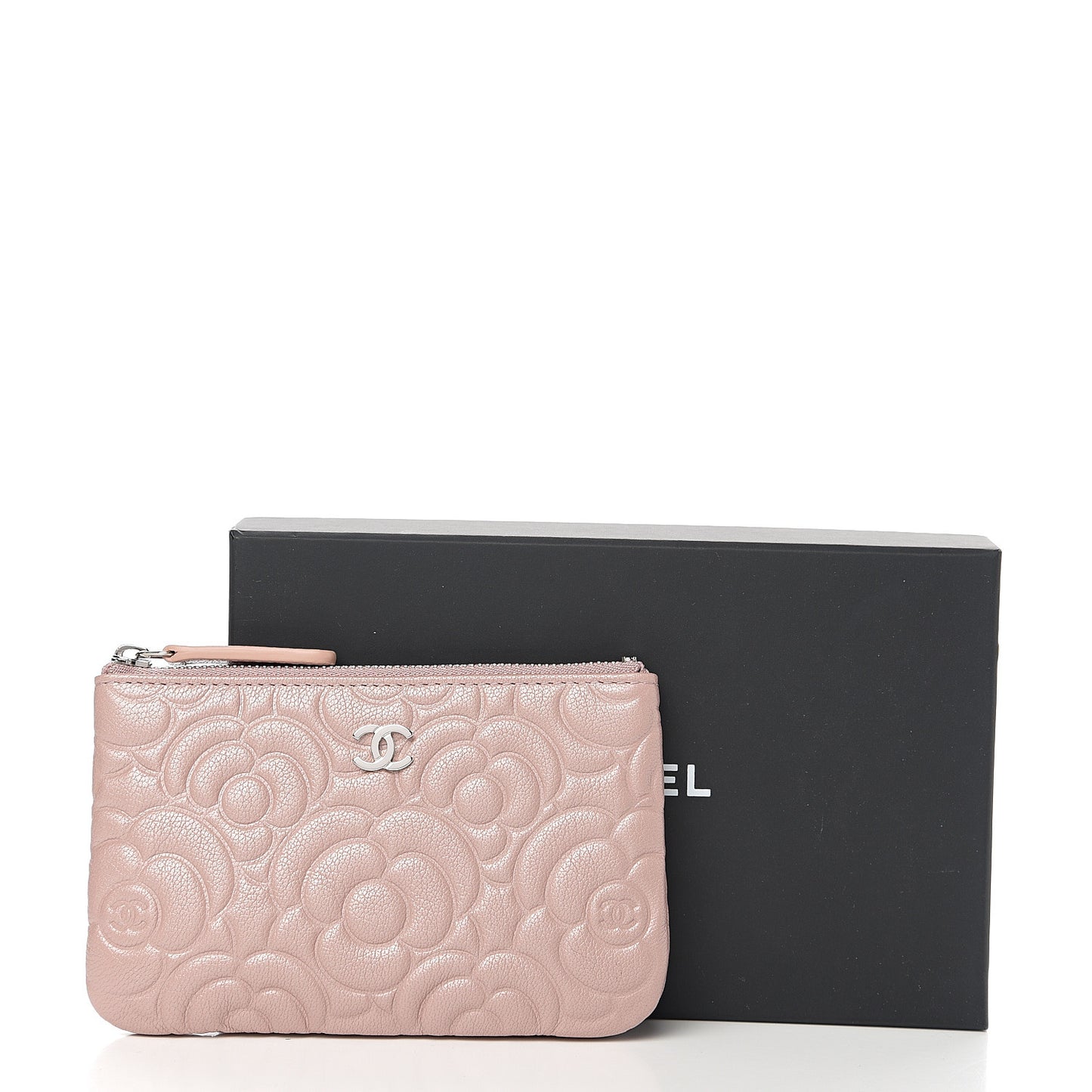 Goatskin Camellia Embossed Cosmetic Pouch Light Pink