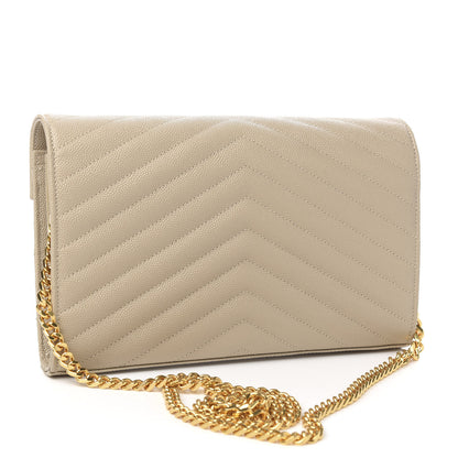 Saint Laurent Grain De Poudre Matelasse Monogram Chain Wallet Sea Salt 2 of 9
