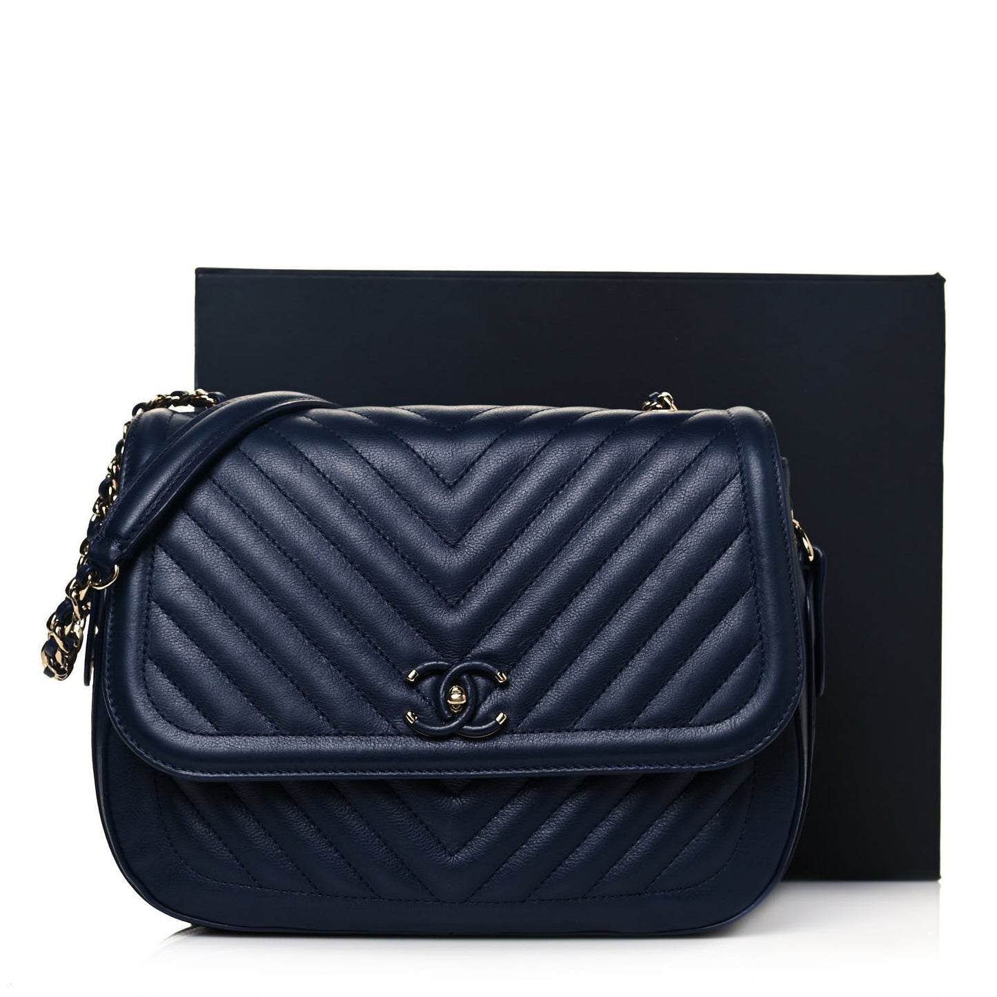 Calfskin Chevron Quilted Messenger Flap Navy