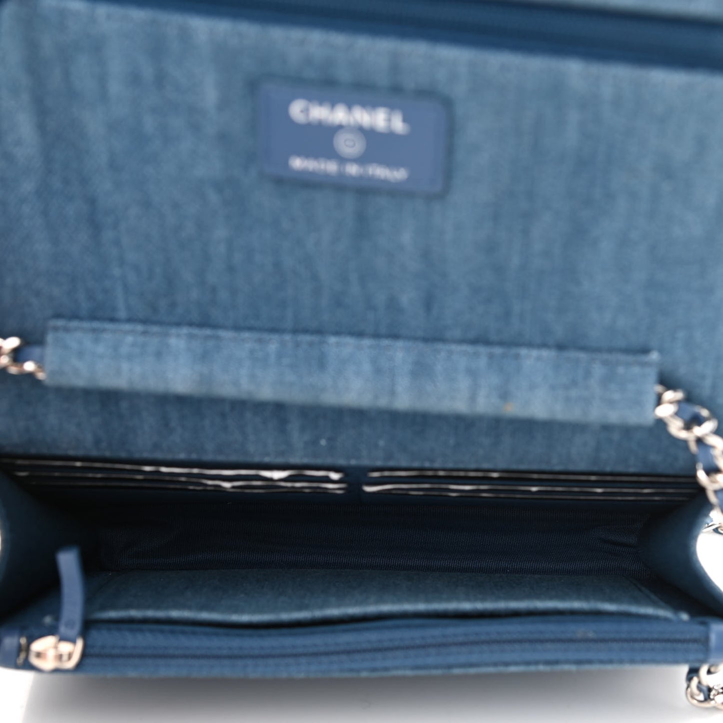 Frayed Denim Quilted Wallet On Chain WOC Blue