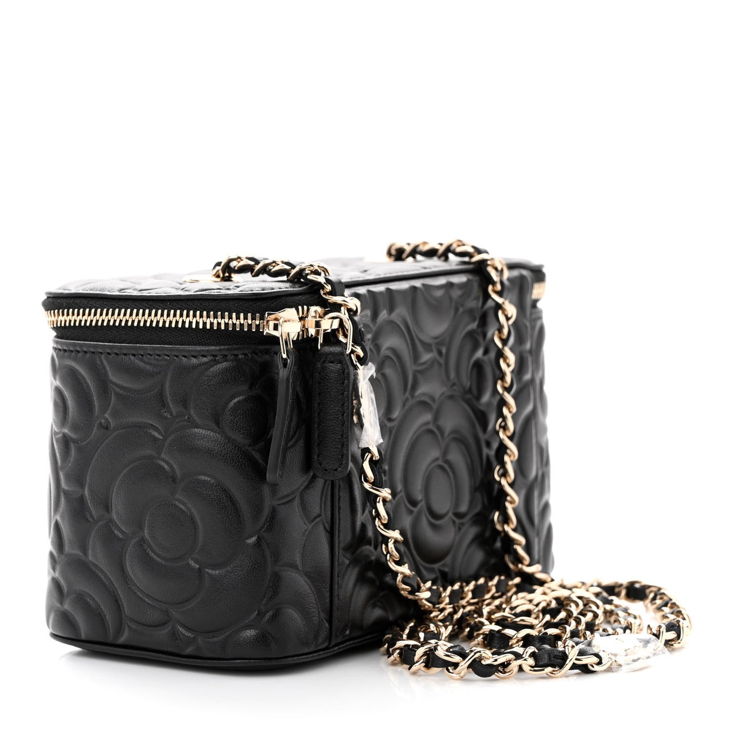Lambskin Camellia Embossed Small Vanity Case With Chain Black
