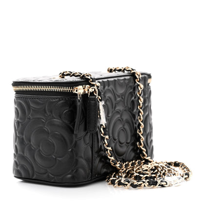 Chanel Lambskin Camellia Embossed Small Vanity Case With Chain Black 3 of 12