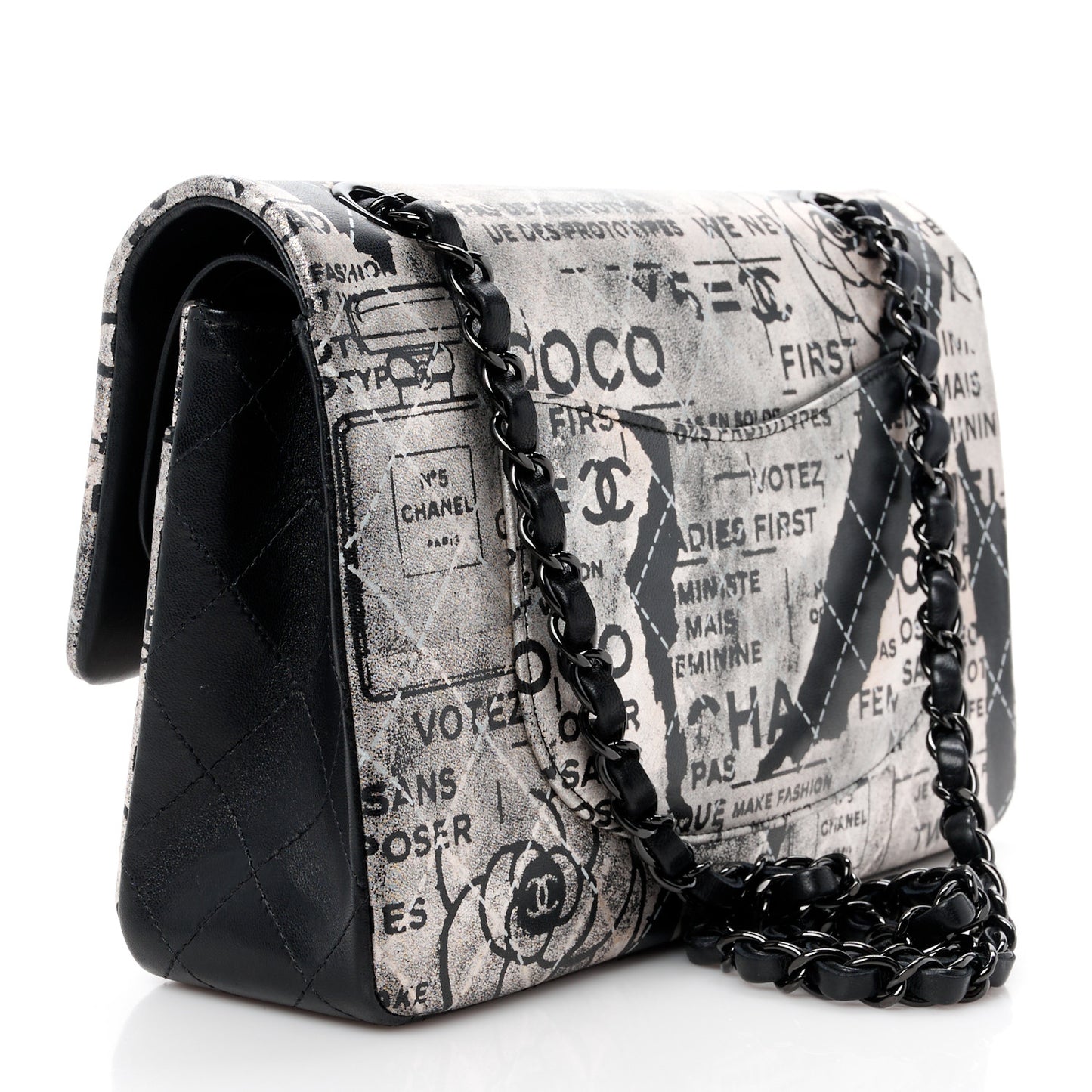 Metallic Lambskin Painted Feministe Newsprint Medium Double Flap So Black