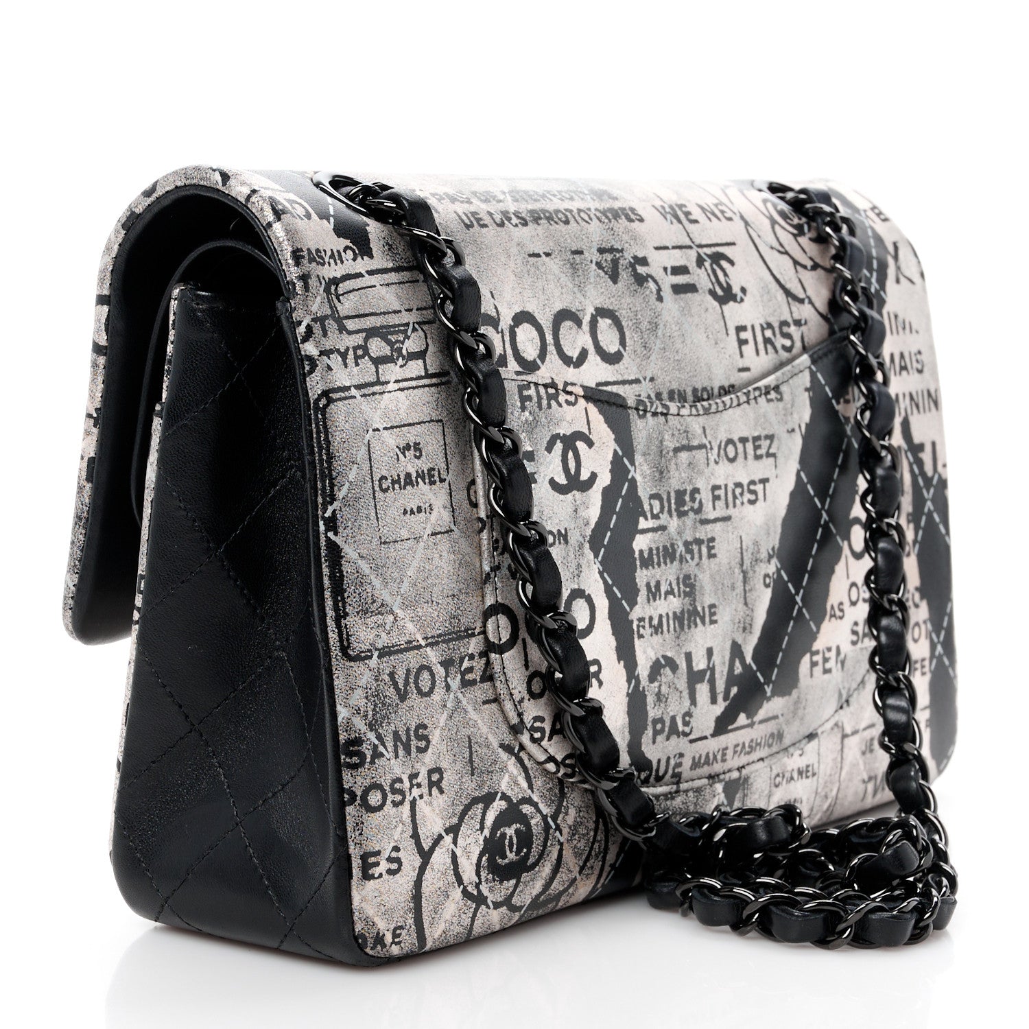 Chanel Metallic Lambskin Painted Feministe Newsprint Medium Double Flap So Black 3 of 15