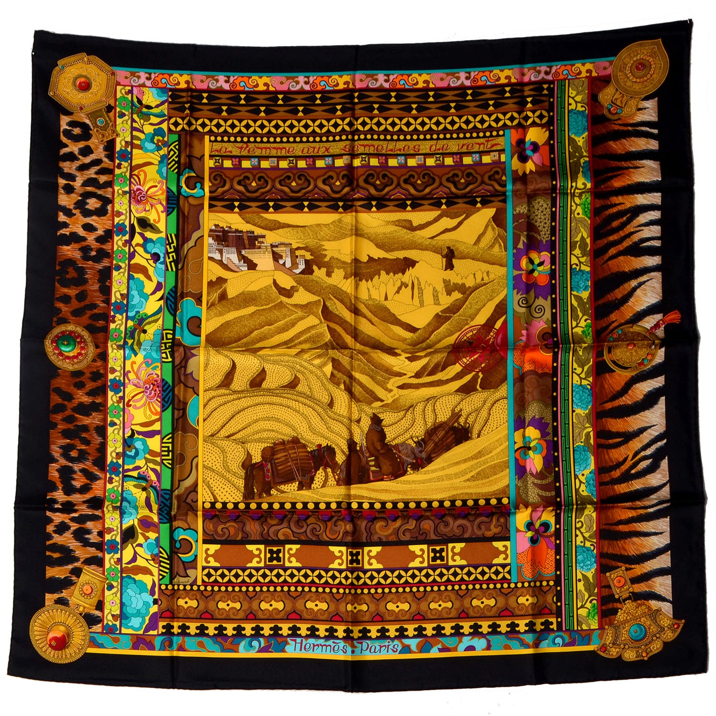 Silk La Femme Aux Semelles De Vent 90cm Scarf Noir Or Turquoise