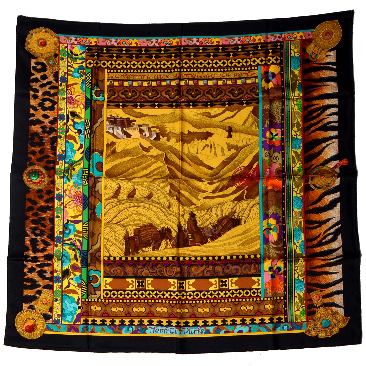 Hermes Silk La Femme Aux Semelles De Vent 90cm Scarf Noir Or Turquoise 2 of 6