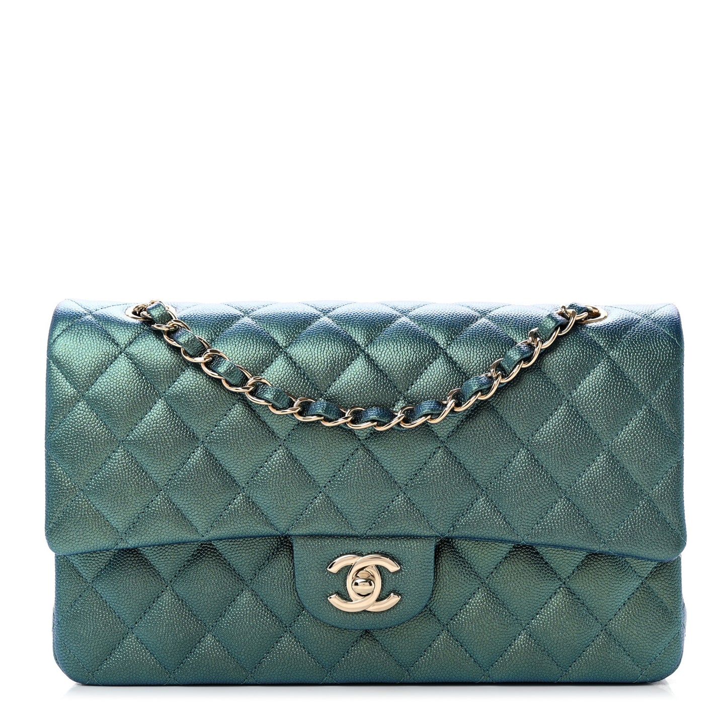 Iridescent Caviar Quilted Medium Double Flap Green