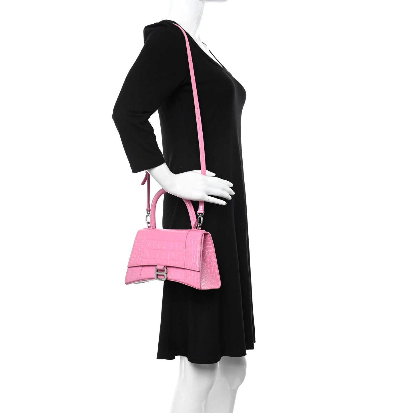 Shiny Calfskin Crocodile Embossed Small Hourglass Top Handle Bag Baby Pink