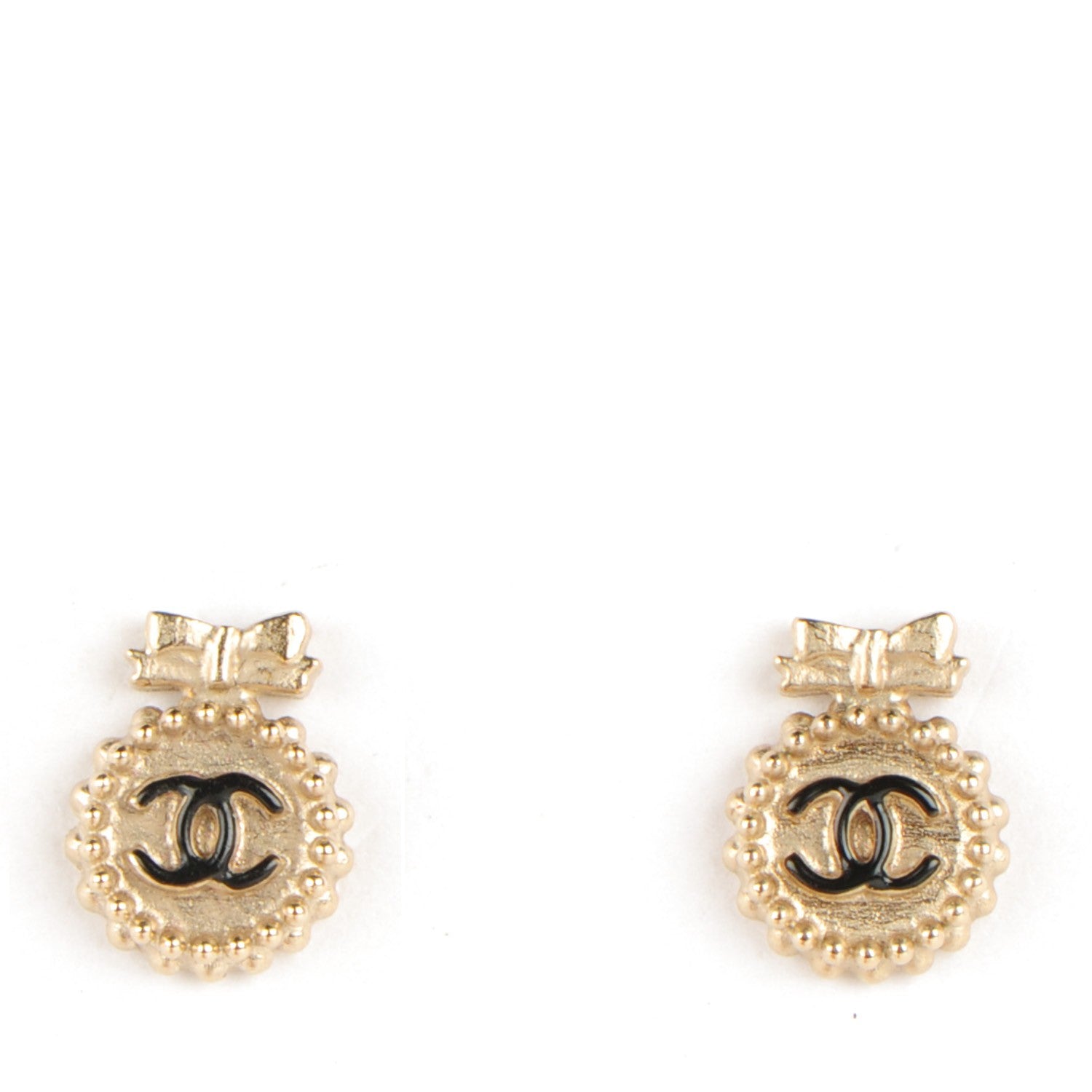 Chanel Enamel CC Ribbon Earrings Black Gold 1 of 4