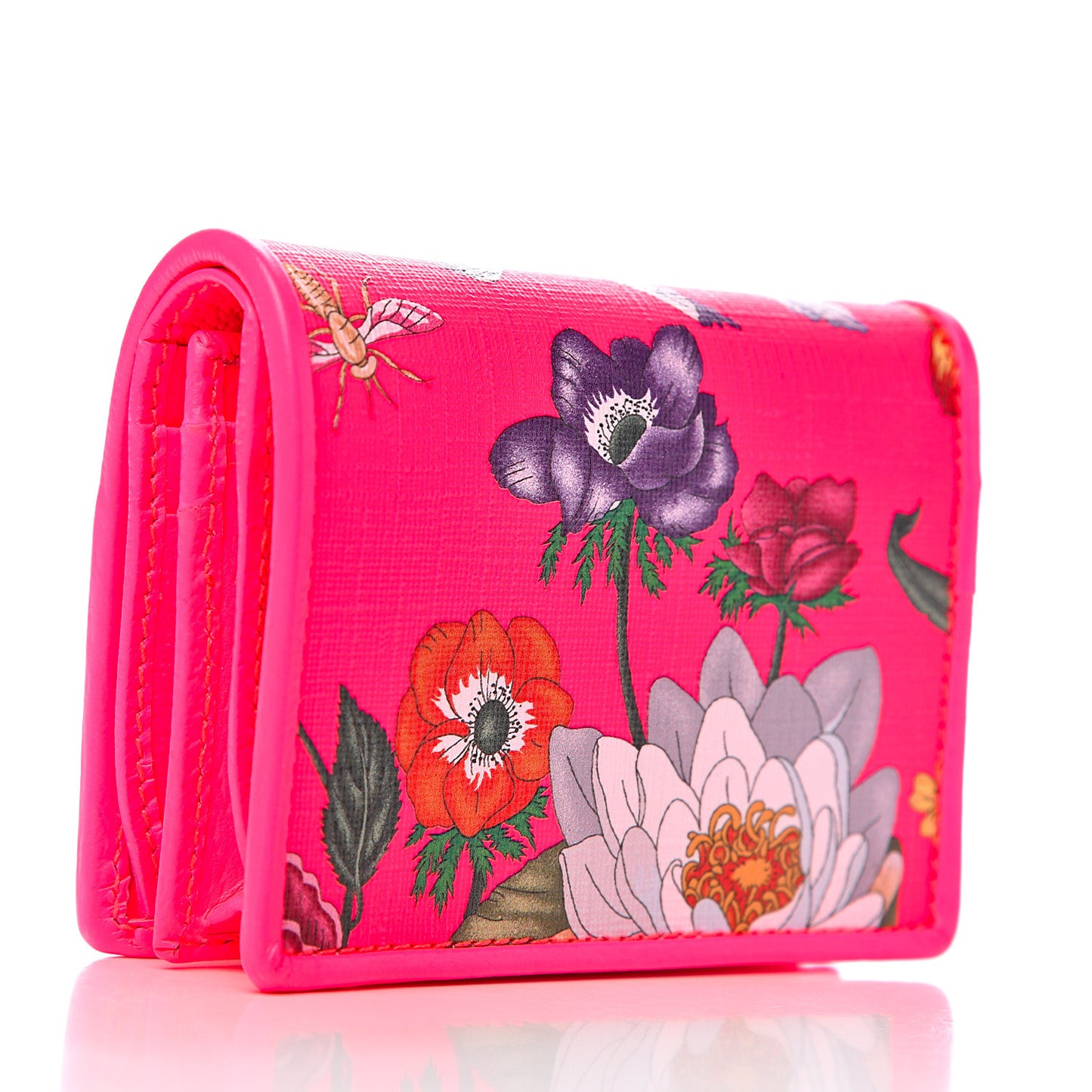 Calfskin Flora Print Zumi Card Case Fuxia Fluo