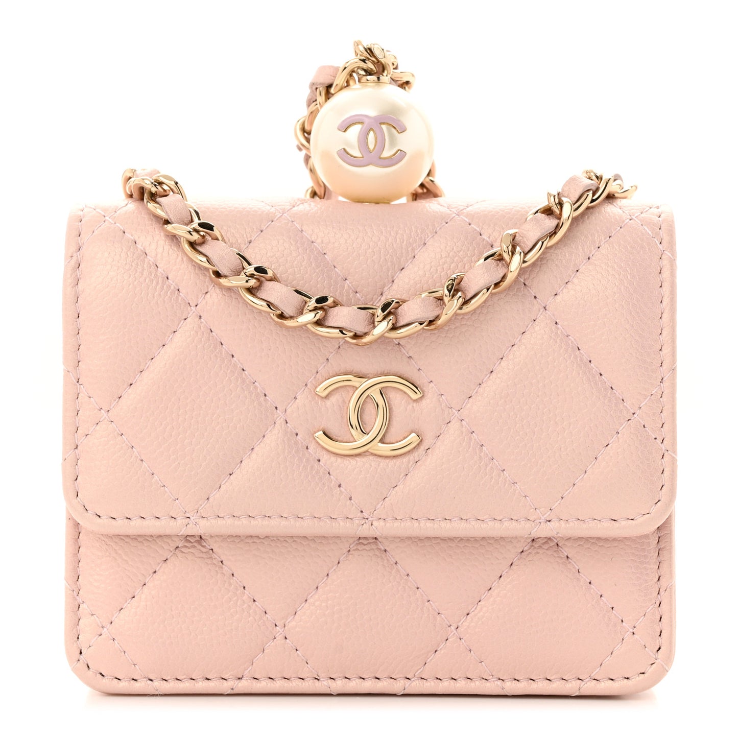 Iridescent Caviar Quilted Pearl On Top Coin Purse With Chain Light Pink