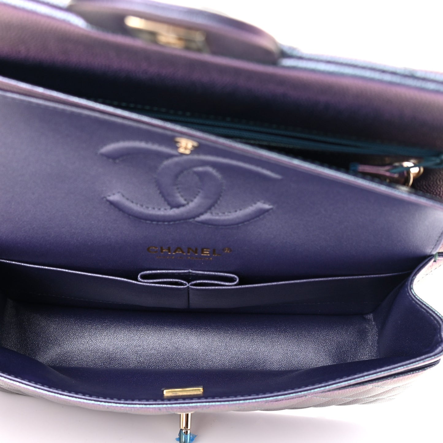 Iridescent Caviar Quilted Medium Double Flap Dark Blue